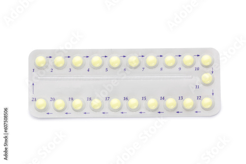 Oral contraceptive pills on white background