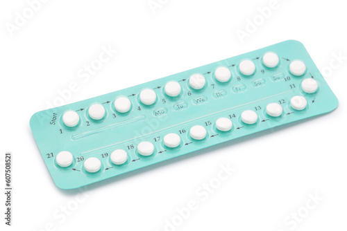 Oral contraceptive pills isolated on white background photo