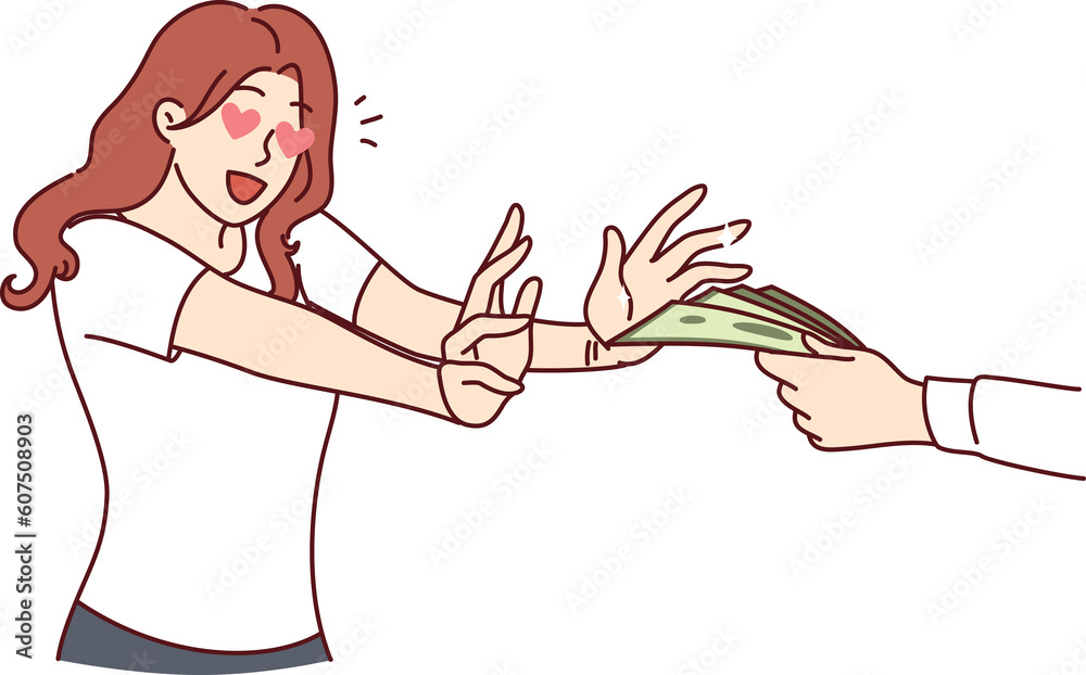 Excited woman reaches for money in man hand for concept of financial reward or payment for services Excited woman reaches for money in man hand for concept of financial reward or payment for services