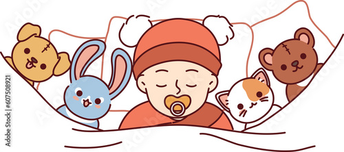 Newborn baby sleeps soundly in bed among toys or sucks on pacifier for concept of child care