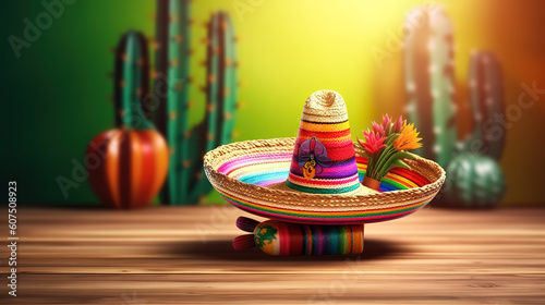 Mexican party concept with cactus, maracas and sombrero hat. Generative ai