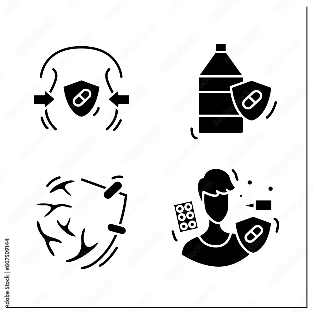 Probiotics glyph icons set.Anti allergic and anti obesity activity