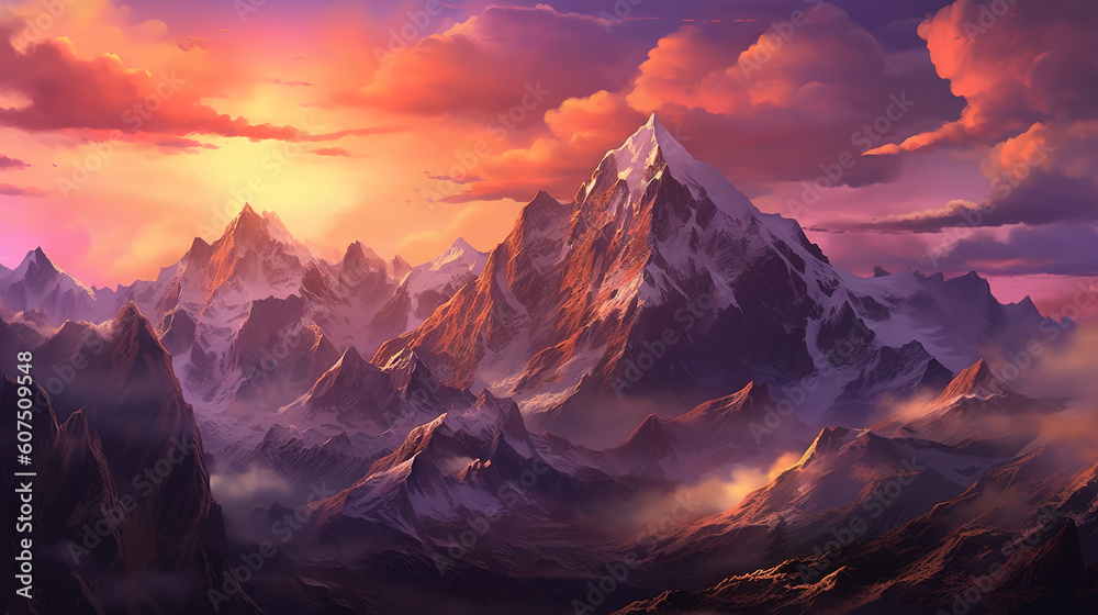 Banner of mountain peaks in beautiful stormy sunset light. Generative ai