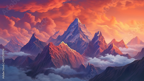 Realistic mountains landscape, mountains silhouettes. Generative ai