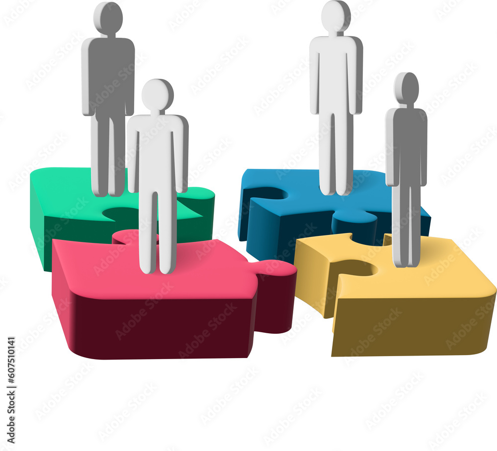 Humans people stand on jigsaw puzzle pieces. Symbol of partnership and collaboration. Cooperation construction to create a team. Concept teamwork and cooperation for business. 3D illustration Humans people stand on jigsaw puzzle pieces. Symbol of partnership and collaboration. Cooperation construction to create a team. Concept teamwork and cooperation for business. 3D illustration