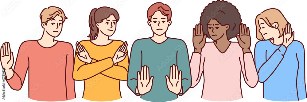Group of multiethnic people show stop gestures not wanting to accept discrimination Group of multiethnic people show stop gestures not wanting to accept discrimination