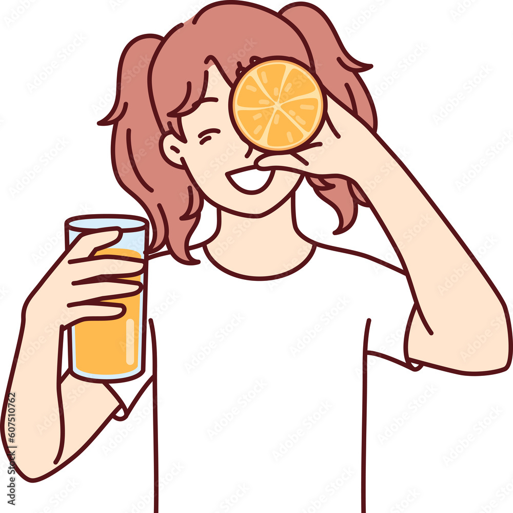 Little girl with glass of orange juice in hands smiling holding half of citrus fruit near face Little girl with glass of orange juice in hands smiling holding half of citrus fruit near face