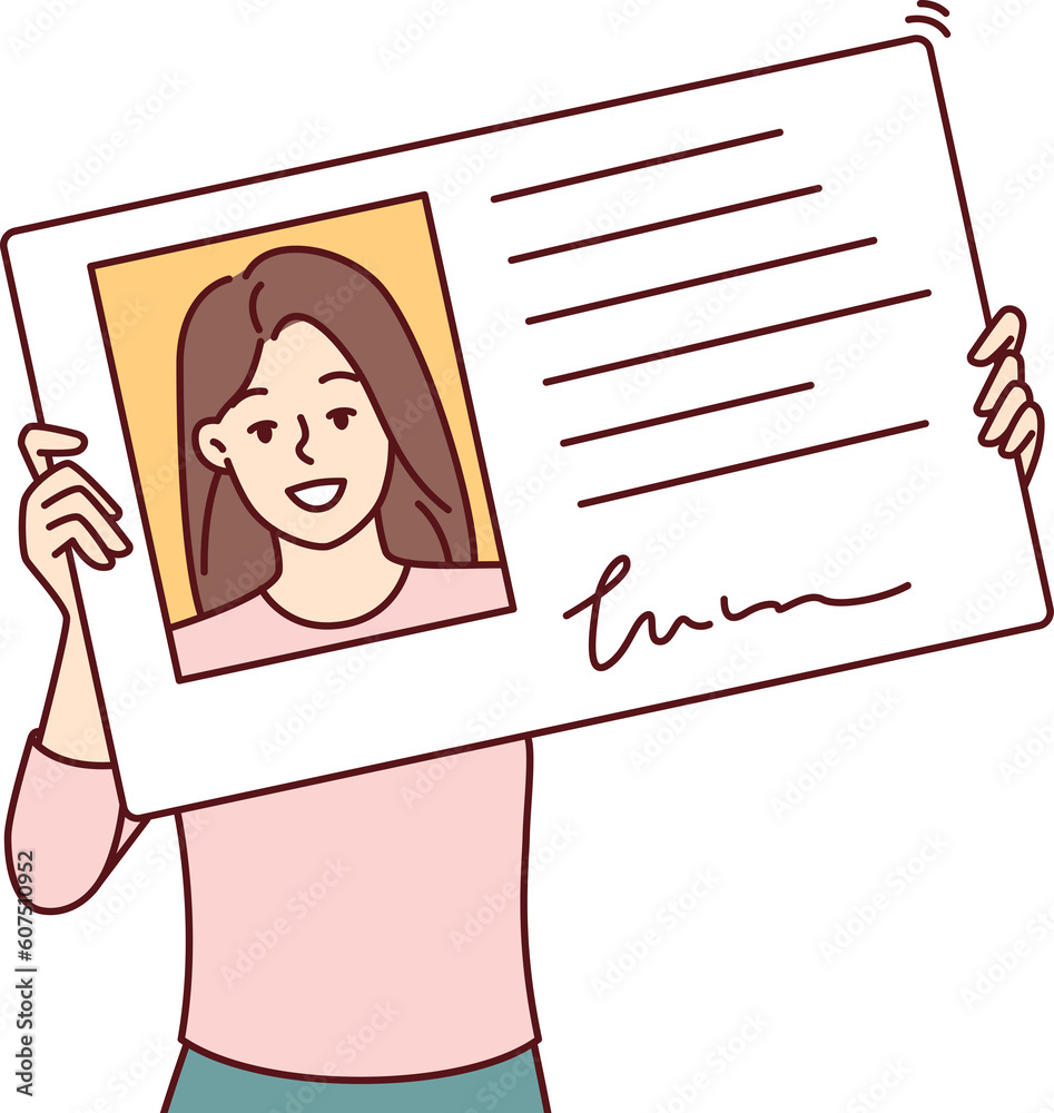 Smiling woman holding driver license or ID card to get access to office or business center Smiling woman holding driver license or ID card to get access to office or business center