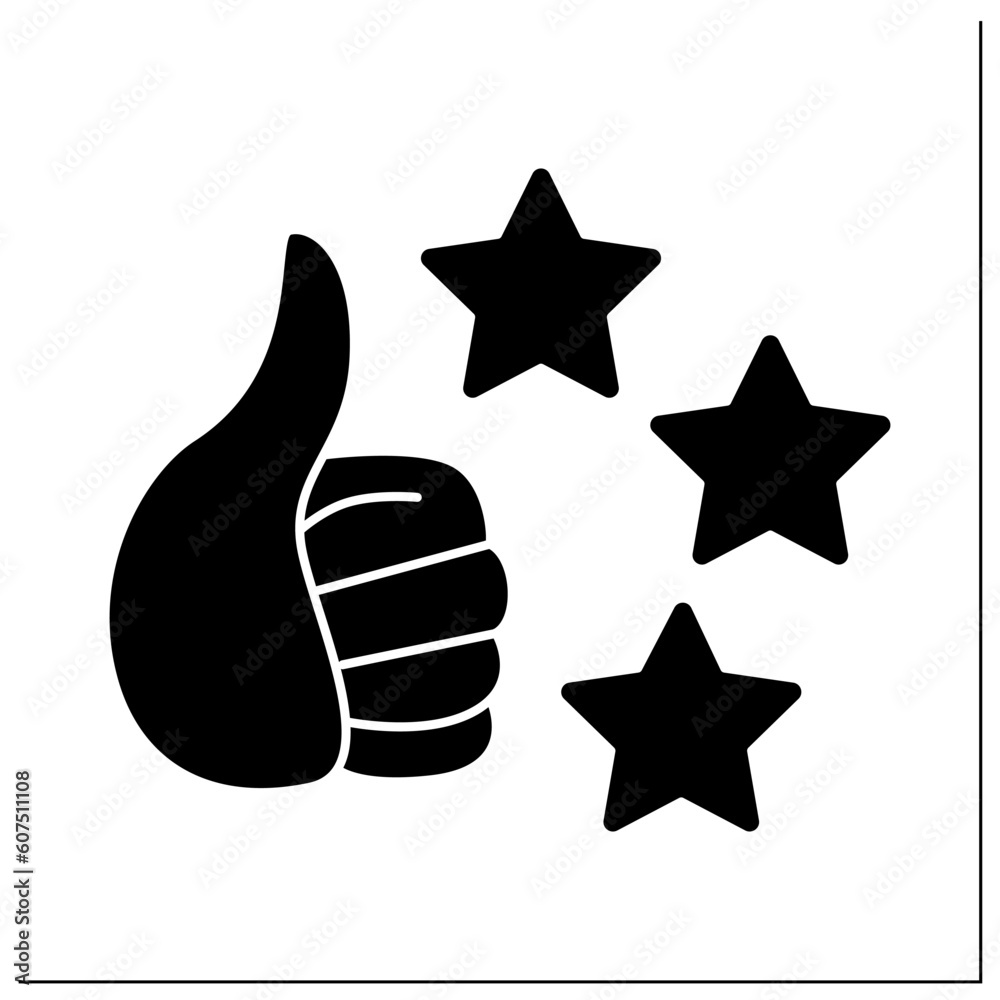Like and rate glyph icon. Thumb up and stars. Positive feedback and quality client experience concept. Online marketing service and web.Filled flat sign. Isolated silhouette vector illustration Like and rate glyph icon. Thumb up and stars. Positive feedback and quality client experience concept. Online marketing service and web.Filled flat sign. Isolated silhouette vector illustration
