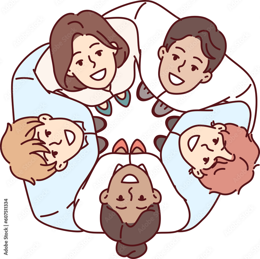 Team diverse businesspeople stand in circle and hugging colleagues look up during team building Team diverse businesspeople stand in circle and hugging colleagues look up during team building