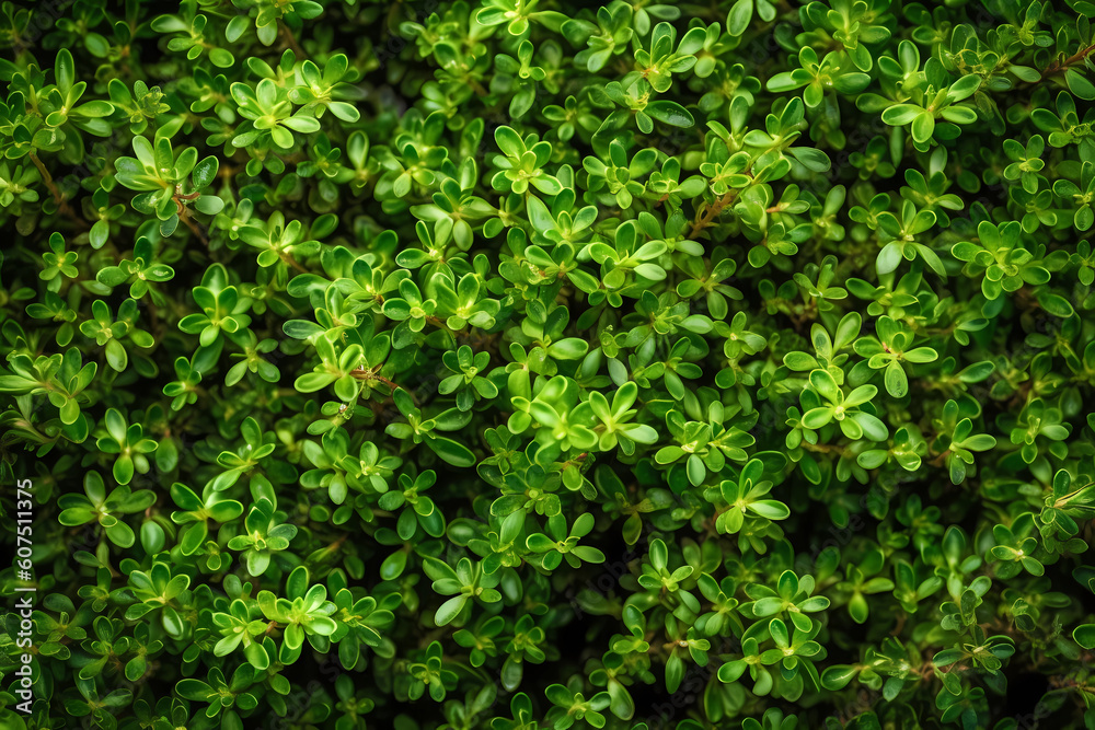 Fresh green thyme leaves filling the entire frame, fresh herbs, generative AI Fresh green thyme leaves filling the entire frame, fresh herbs, generative AI