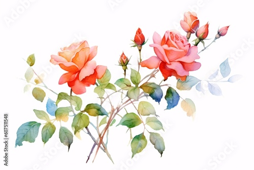 Flowers roses  branches  leaves and buds on an isolated white background  watercolor illustration  floral design. Generative Ai.