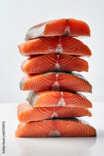 Raw salmon fillets stacked on white background, generative AI