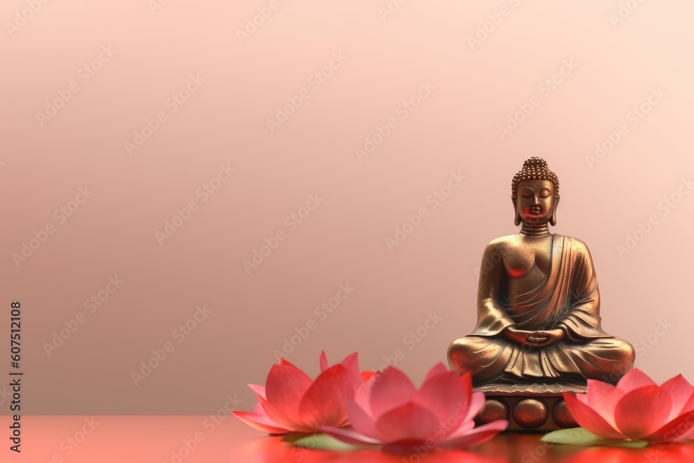 Minimalistic Buddha Statue and Lotus Flower on Empty Space Background Minimalistic Buddha Statue and Lotus Flower on Empty Space Background