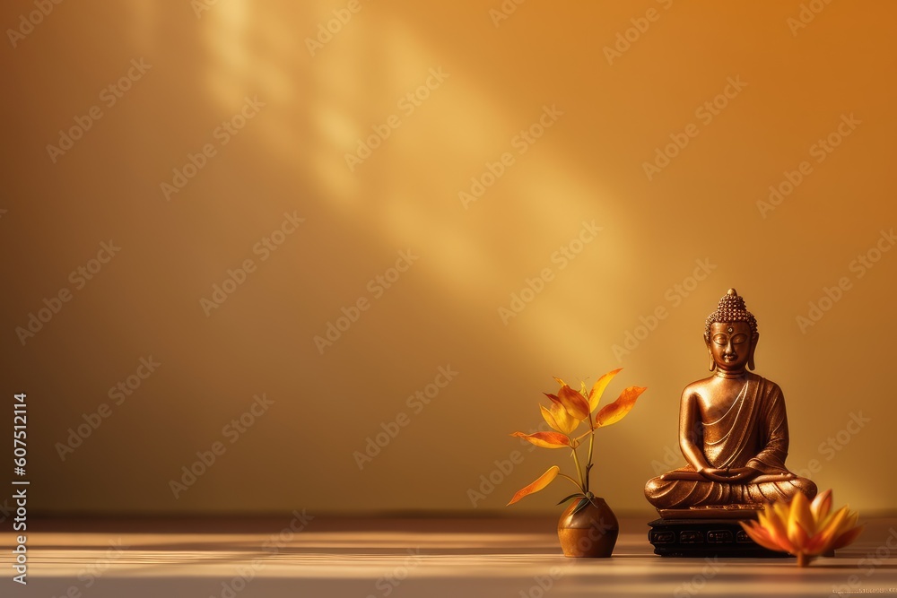 Minimalistic Buddha Statue and Lotus Flower on Empty Space Background Minimalistic Buddha Statue and Lotus Flower on Empty Space Background