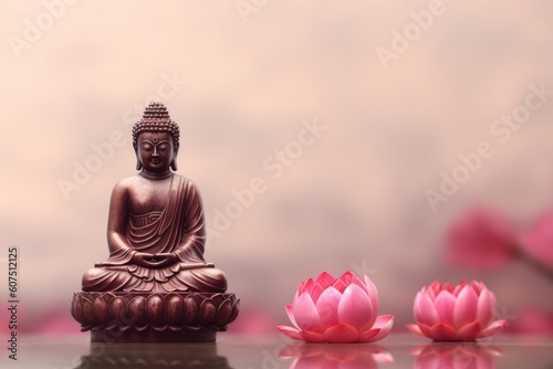 Minimalistic Buddha Statue and Lotus Flower on Empty Space Background