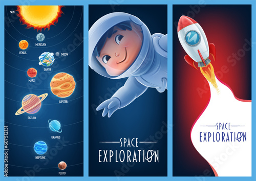 astronomy and science lesson banner set for kids with astronaut and space rocket and solar system planets
