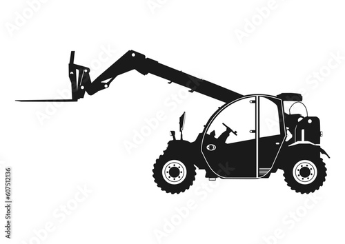 Silhouette of modern compact rough terrain telehandler. Vector.