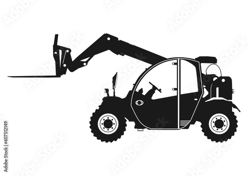 Silhouette of modern compact rough terrain telehandler. Vector.