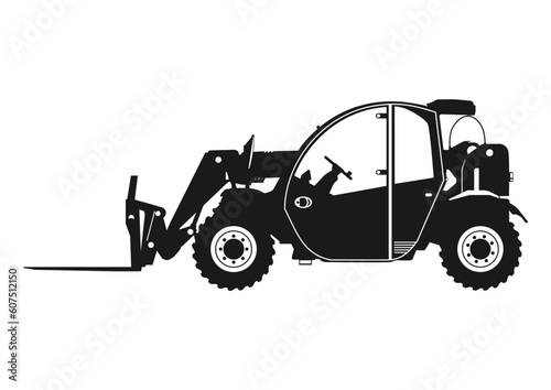 Silhouette of modern compact rough terrain telehandler. Vector.