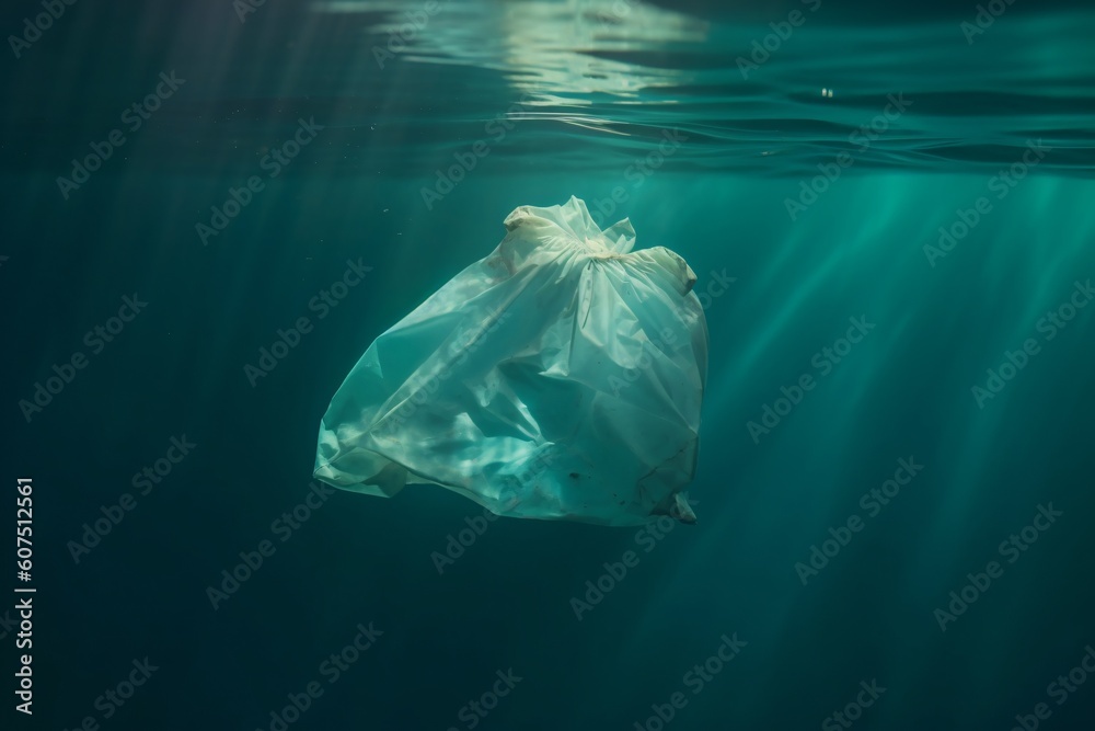 Fototapeta premium White plastic bag in the ocean or sea. Underwater waste. Pollution problems. Generative Ai.
