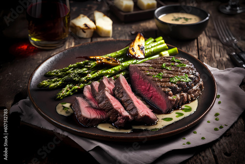 Grilled beef steak served with asparagus, generative AI