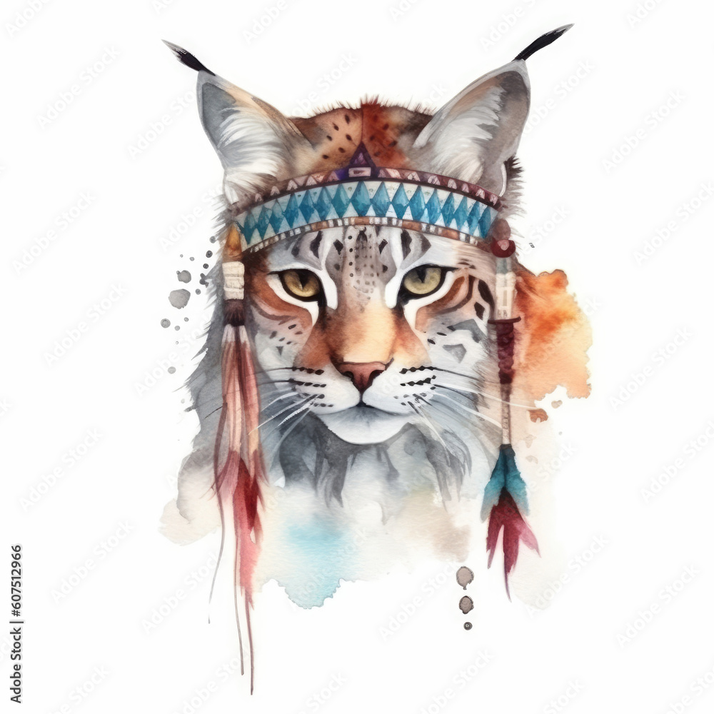 Lynx watercolor drawing. Lynx Head with native american indian chief accessories with feathers. Cute Tribal  Lynx in boho style watercolor drawing on a white background. Generative ai illustration