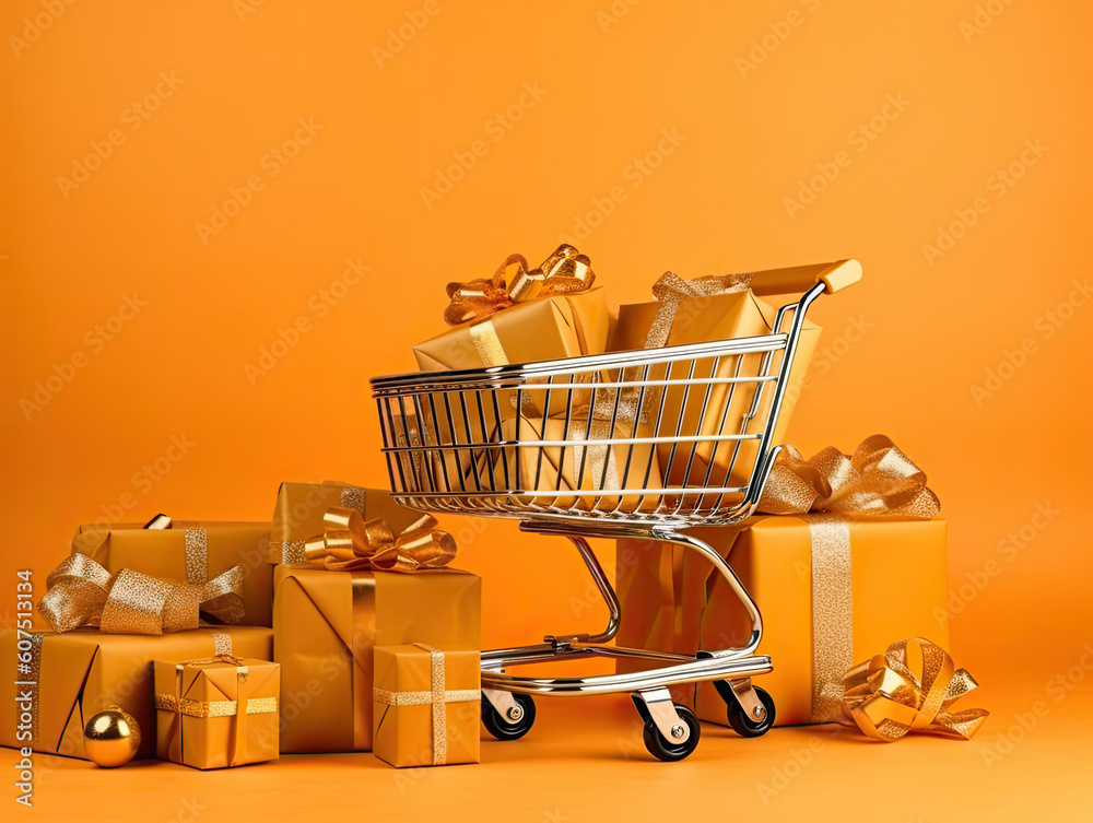 Supermarket trolley with gifts on a uniform The illustration was created by AI.