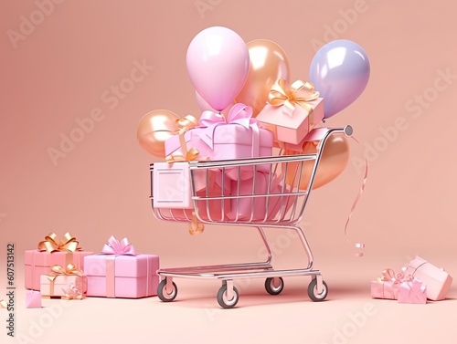 Supermarket cart on the background of Christmas gifts. Created by AI. © index74