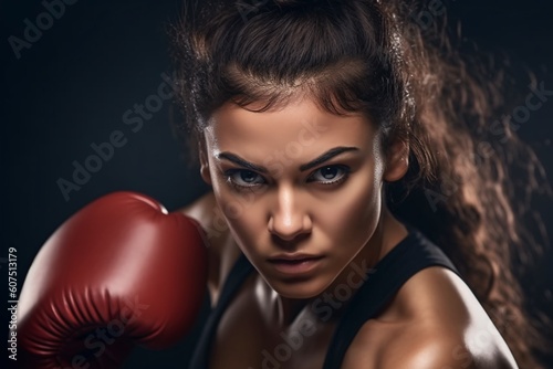 Sporty fit latin woman during boxing exercise making hit. Boxer isolated on dark background. Strength and motivation. Generative Ai. © ckybe