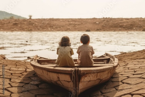 Children near the former shore with a dried pond and a boat. Climate change concept. AI generated, human enhanced.