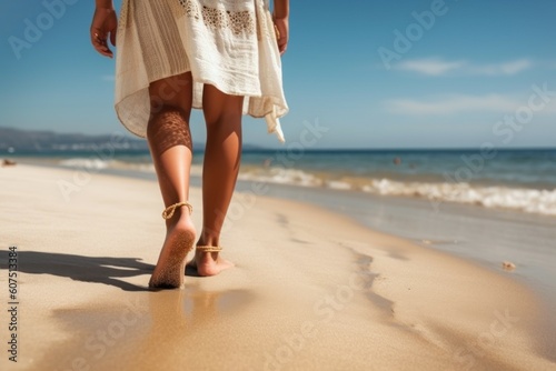 Women's legs on the beach near the sea. Travel concept. AI generated, human enhanced