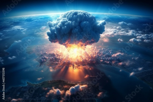 Nuclear explosion aerial view. The concept of thermonuclear war. AI generated, human enhanced