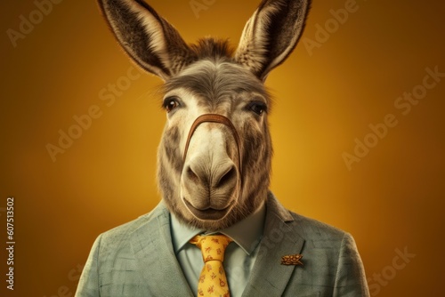 Anthropomorphic donkey dressed in a suit like a businessman. Business Concept. AI generated, human enhanced.