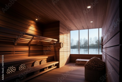 Interior inside a modern sauna. AI generated, human enhancement