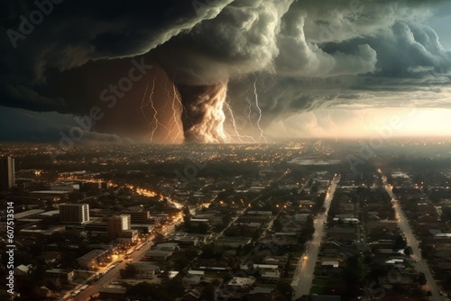 Tornado in the city. Climate change concept. AI generated, human enhanced