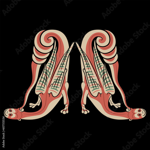 Symmetrical animal design with two fantastic medieval dragons. Illuminated manuscript style. On black background.
