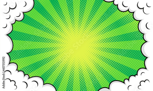 Cartoon Superhero banner with clouds, frame and green halftone. Retro poster with balloons. Funny shape in comic style. Pop art background. Sky air texture. Vintage sunburst effect Vector illustration