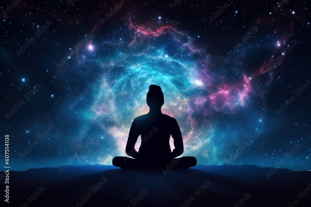 Silhouette of women in Lotus position on the abstract positive energy background . AI generated, human enhanced. Silhouette of women in Lotus position on the abstract positive energy background . AI generated, human enhanced.