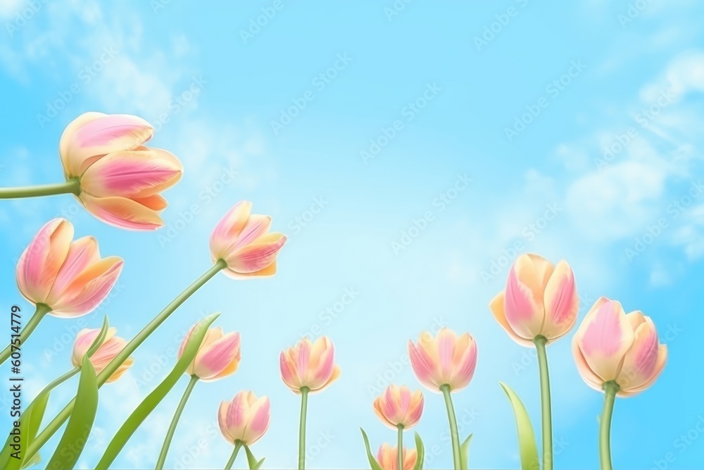 Top view tulip composition for Mother's Day on blue background. (Generative AI)