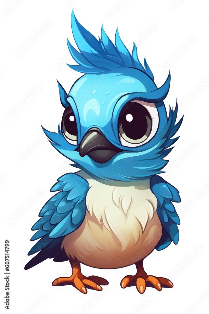 Cute baby Blue Jay in Cartoon Style on white background
