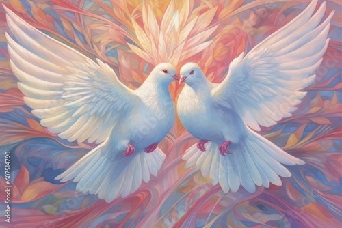 White doves on pastel background symbolize peace. (Illustration, Generative AI) © HandmadePictures