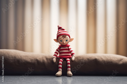 Close up of a traditional Christmas elf, warm light, with copyspace background. Christmas time composition.