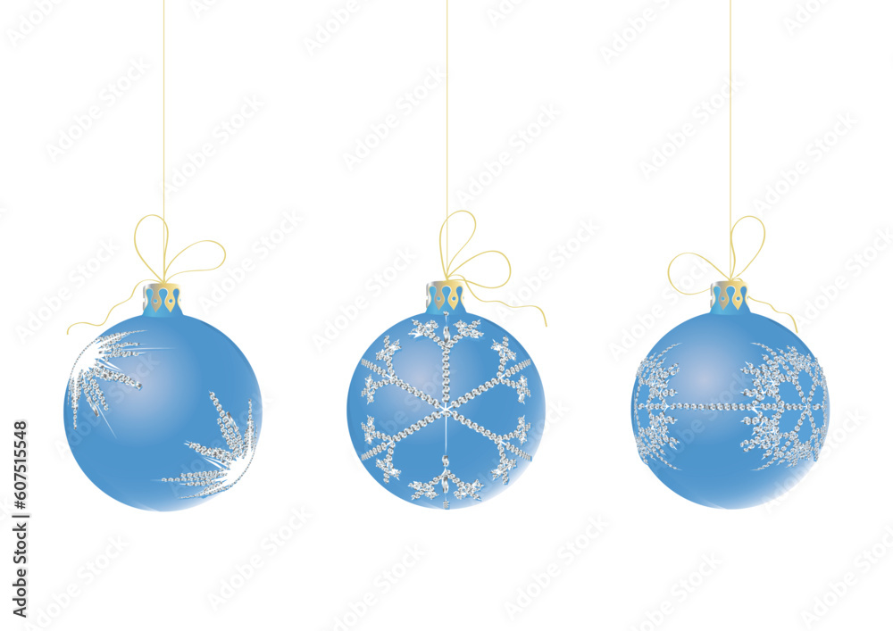 Vector Illustration of three Christmas Balls decorated with snowflake on White Background