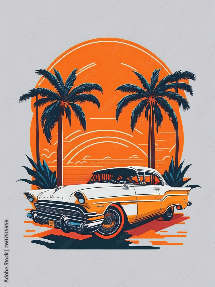 Retro car with palms flat sticker illustration, t-shirt graphic design, generative Ai.