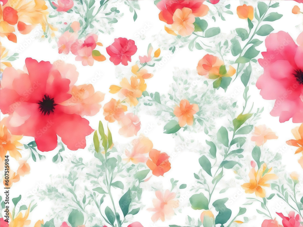 Watercolor flowers background, abstract floral pattern isolated on white. Generative AI.