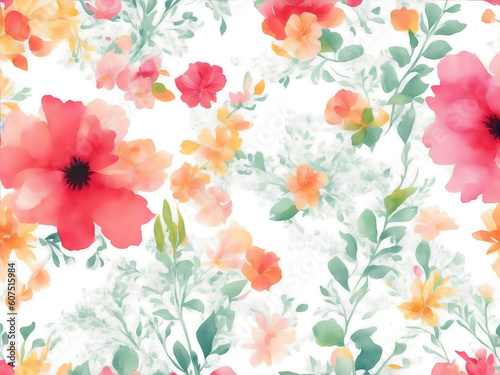 Watercolor flowers background, abstract floral pattern isolated on white. Generative AI.