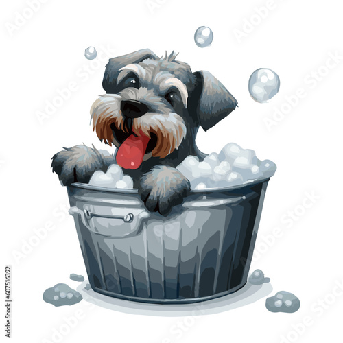 Cute cartoon dog taking bath on a metallic bucket isolated on white background. Vector illustration