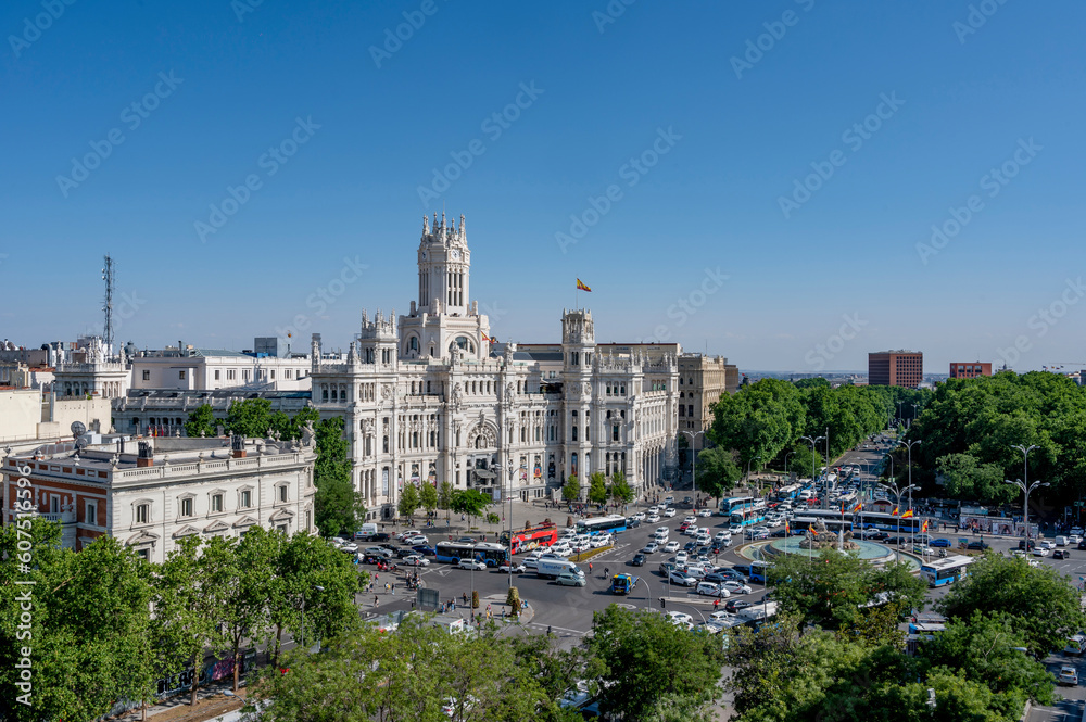 Madrid, Spain.18.05.2023.Panoramic view of the Madrid City Hall with Paseo Recoletos and Plaza de Cibeles.