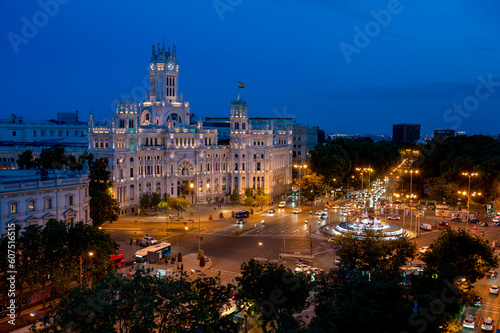 Madrid, Spain.18.05.2023.Panoramic night view of the Madrid City Hall with Paseo Recoletos and Plaza de Cibeles.